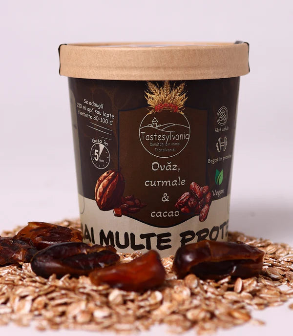 Terci Proteic cu Cacao și Curmale, Mic Dejun Vegan cu Fulgii de Ovăz, Nuci Pecan și Proteine 80g